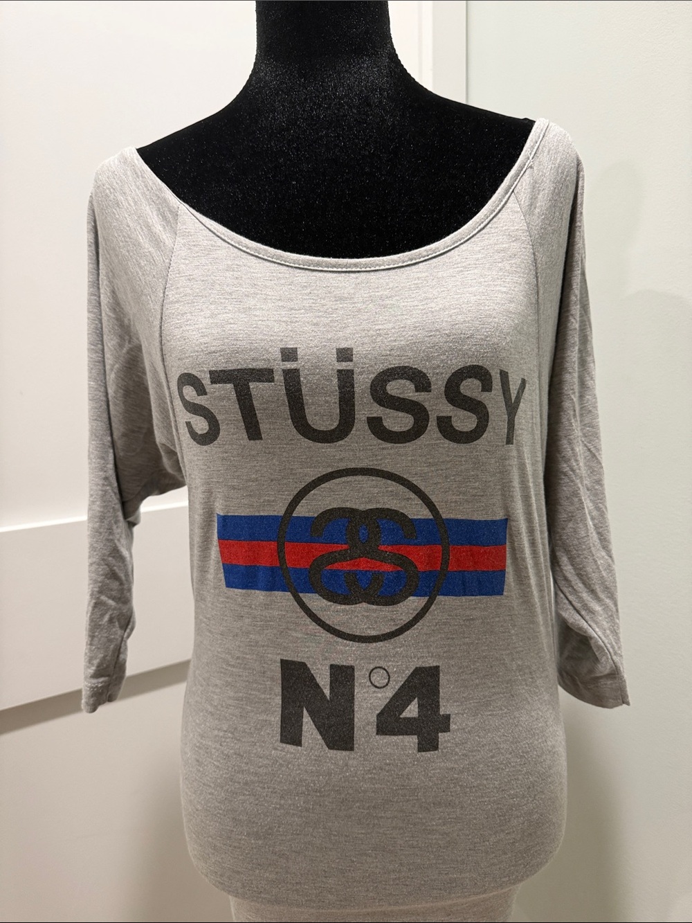 Stussy Gray Long Sleeve Graphic Tee with Blue and Red Stripe XS